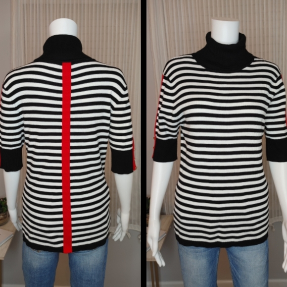 MARINA V PARIS STRIPED TURTLENECK SWEATER,BLACK/WHITE/RED T4 (Fits like M) - Picture 1 of 9